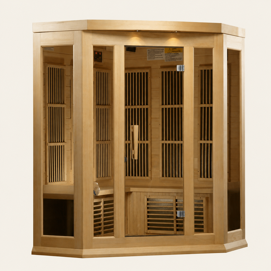 Maxxus 3-Person Corner Low EMF FAR Infrared Sauna — Canadian Hemlock