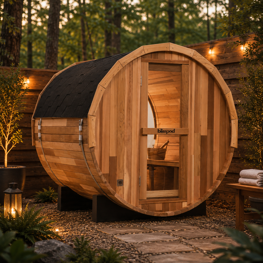 Blisspod | Prague | Canadian Red Cedar Outdoor Steam Barell Sauna | Full Glass Back